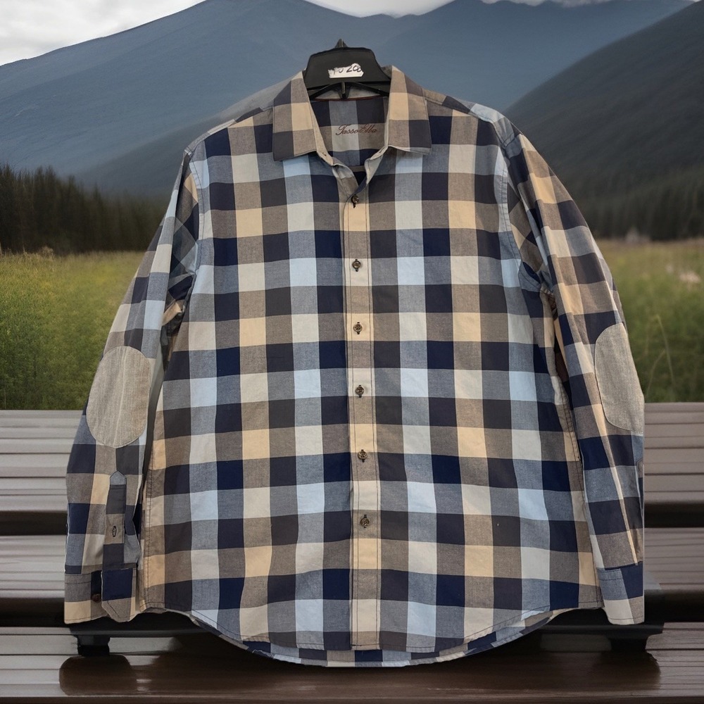 Tasso Elba Men Sz L Plaid Blues Gray Long Sleeve Elbow Patches Button-Up Shirt